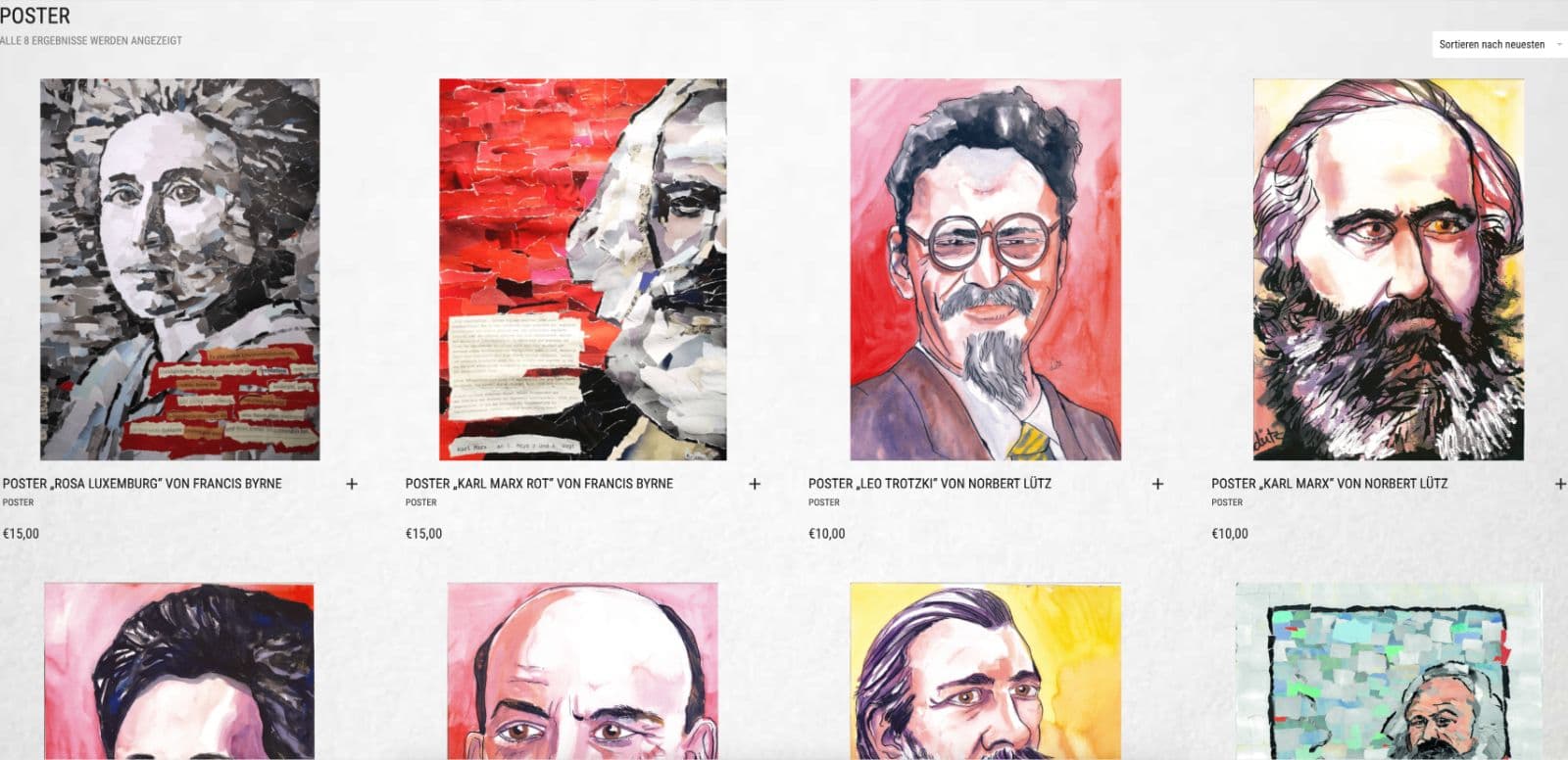 Der Manifest Verlag bietet Poster im A2-Format von Rosa Luxemburg, Karl Marx, Leo Trotzki und auch Wladimir Iljitsch Lenin an. Screenshot: Website Manifest Verlag.