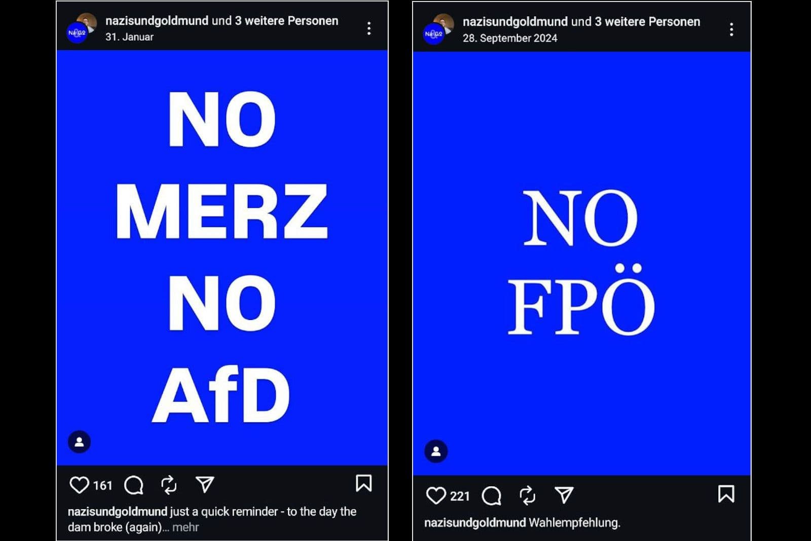 Beim Durchscrollen durch das Instagram-Profil von Jörg Albrecht springen diese beiden Beiträge einem unweigerlich sofort ins Auge. Screenshot: FREILICH.