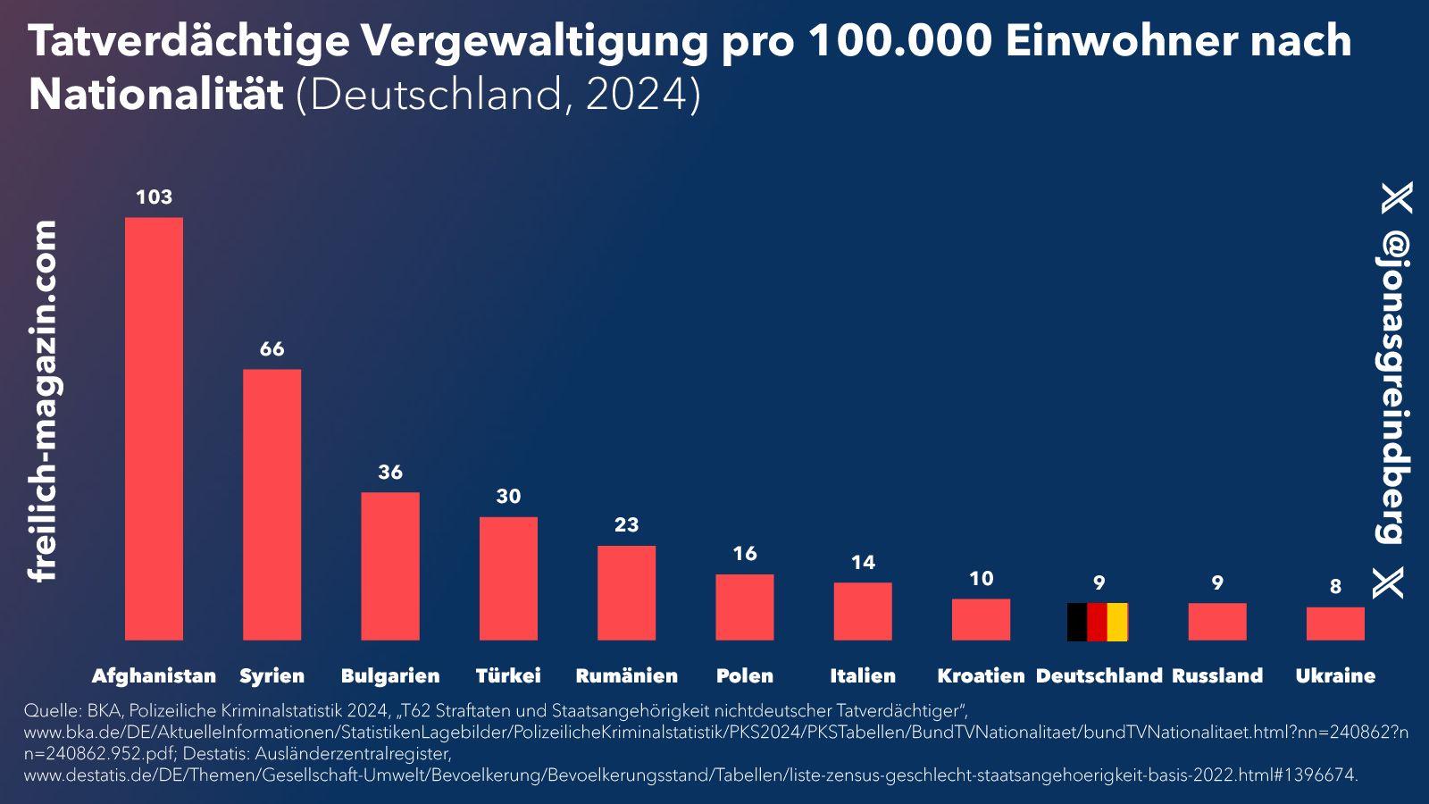 Abbildung 3: Tatverdächtige nach elf Staatsangehörigkeiten im Bereich Vergewaltigung.